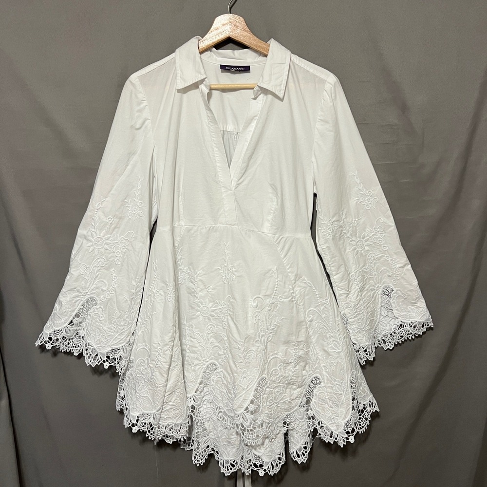 Roaman's White Cotton Embroidered Lace Trim Dress Women's Long Sleeve Fairy Boho - Picture 4 of 9